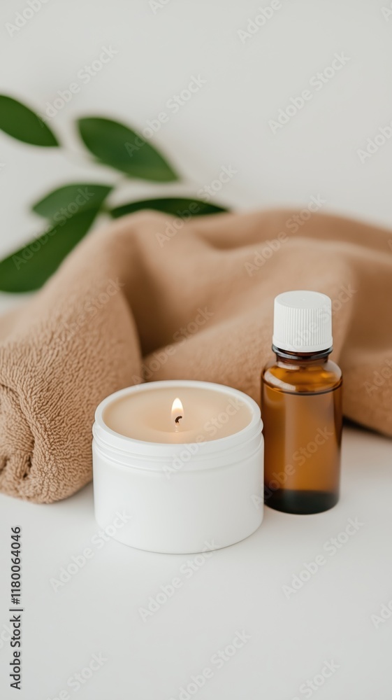 Aromatherapy candle and essential oil with towel and greenery for relaxation and wellness Aromatherapy candle and essential oil with towel and greenery for relaxation and wellness