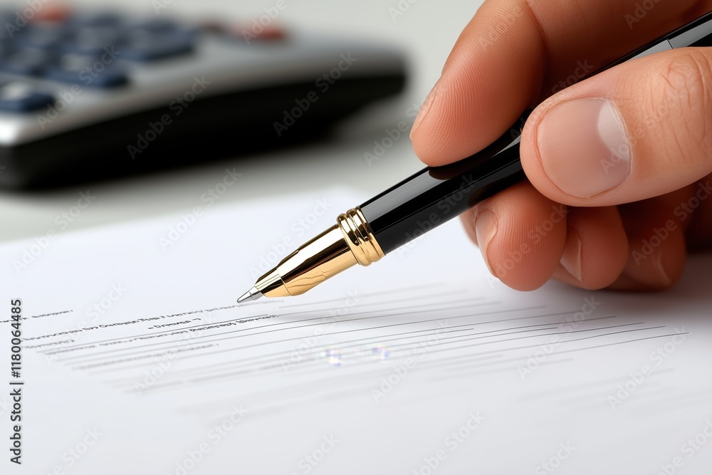 Close-up of hand signing document with pen near calculator Close-up of hand signing document with pen near calculator