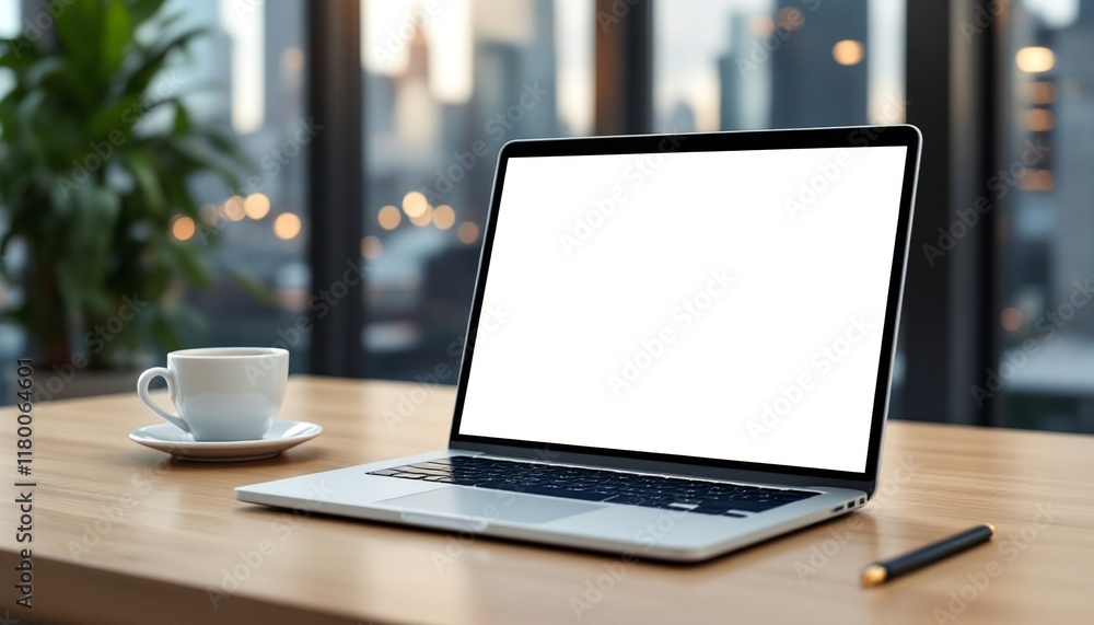 Laptop with blank screen on wooden desk in city office. Coffee cup and pen nearby. Urban view through window. Remote work setup with copy space for design or text Laptop with blank screen on wooden desk in city office. Coffee cup and pen nearby. Urban view through window. Remote work setup with copy space for design or text