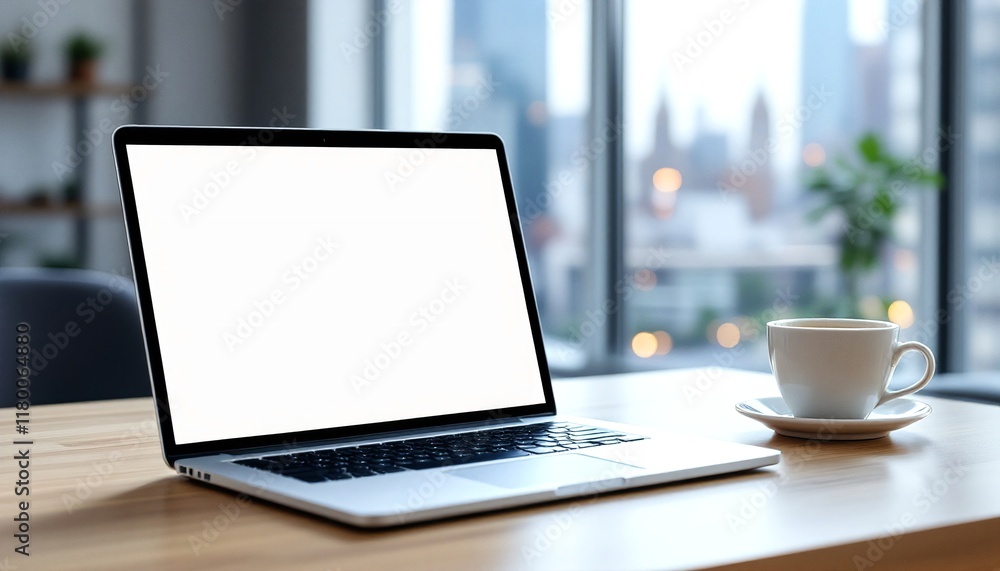Laptop with blank white screen on desk near window with city view. Modern workspace setup with coffee cup. Urban office environment for remote work, business, or study with copy space Laptop with blank white screen on desk near window with city view. Modern workspace setup with coffee cup. Urban office environment for remote work, business, or study with copy space