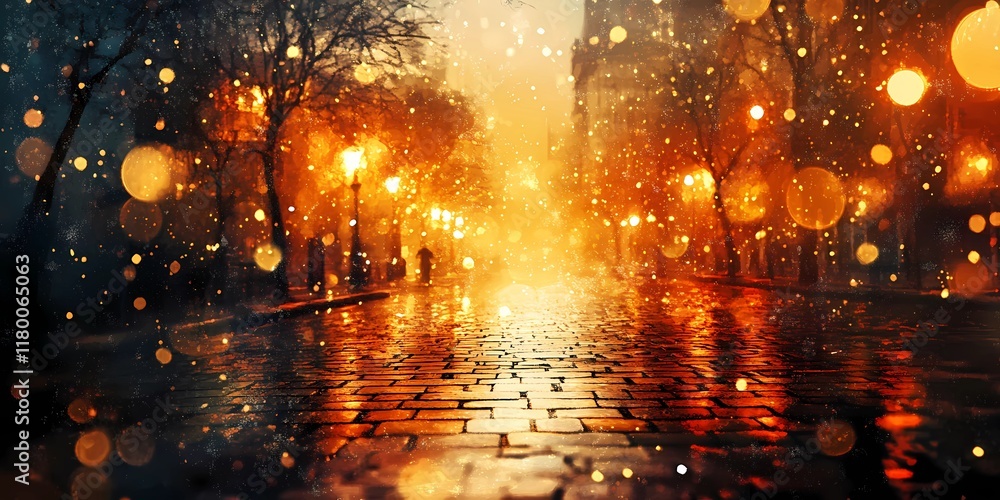 Blurred golden city lights glowing faintly on snowy streets, creating a serene and abstract winter urban background, style book illustration Blurred golden city lights glowing faintly on snowy streets, creating a serene and abstract winter urban background, style book illustration