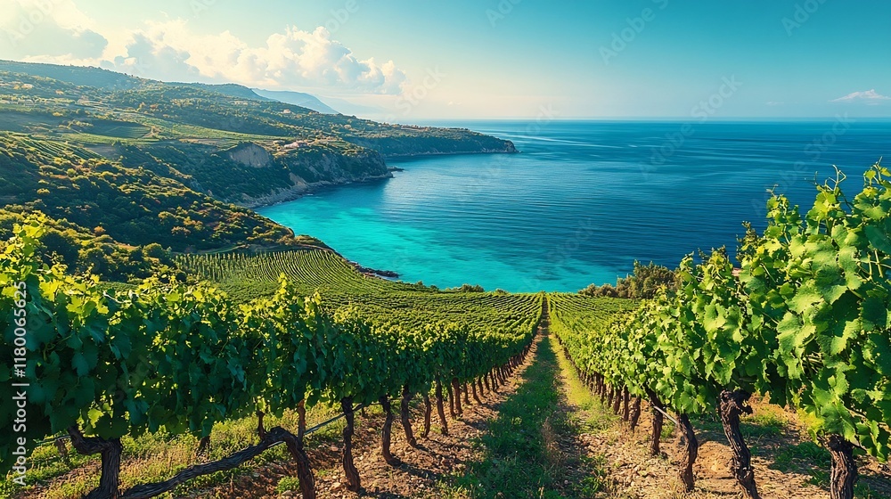 Fototapeta premium Picturesque Vineyard Landscape with Rolling Hills and Blue Sky