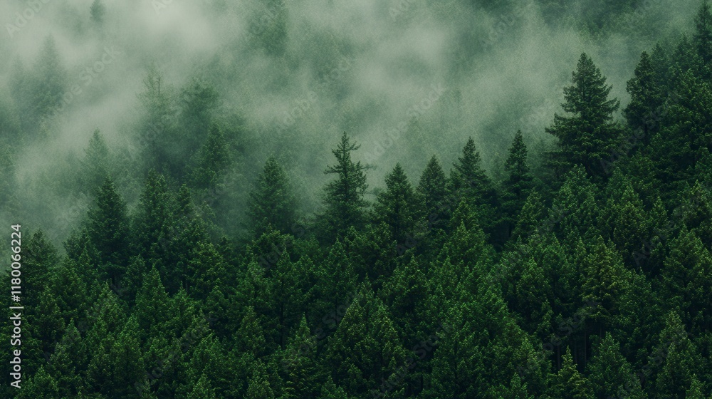 Misty Forest Scene: Lush Green Canopy and Tranquil Fog Misty Forest Scene: Lush Green Canopy and Tranquil Fog