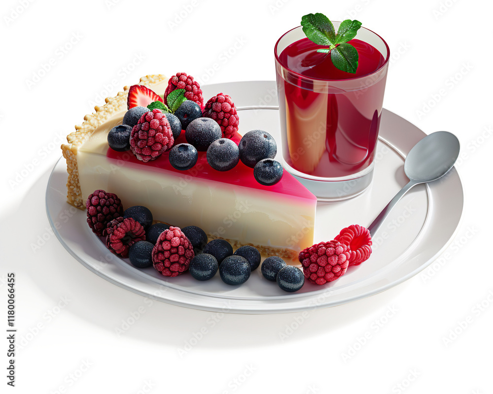 A slice of cheesecake with strawberries, blueberries and raspberries on a transparent background A slice of cheesecake with strawberries, blueberries and raspberries on a transparent background