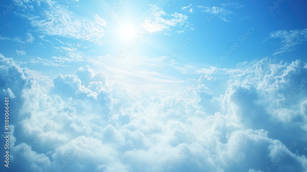 Serene view of fluffy clouds under a bright blue sky. Serene view of fluffy clouds under a bright blue sky.