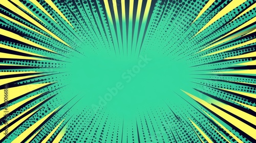 Bright turquoise and green pop art retro background with halftone pattern in comics style, vibrant graphic design, bold and colorful abstract artwork, vintage comic book inspired vector illustration, photo