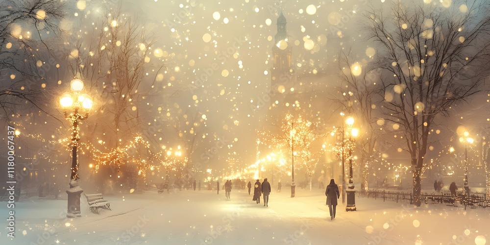 Fototapeta premium Blurred golden city lights glowing faintly on snowy streets, creating a serene and abstract winter urban background, style book illustration
