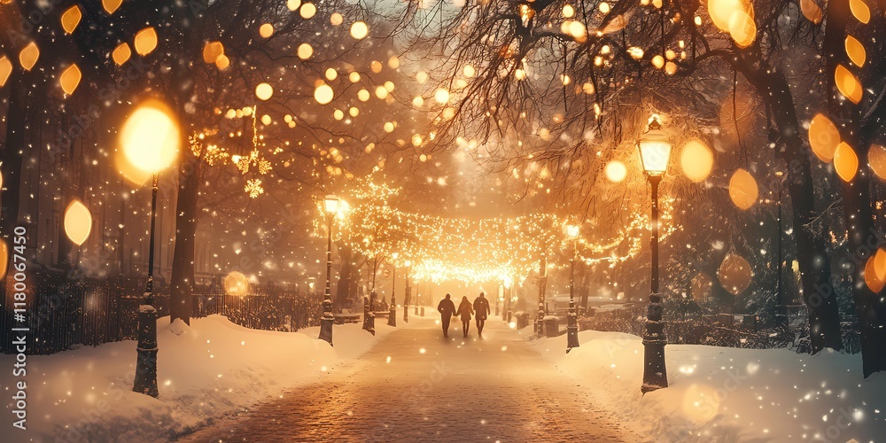 Blurred golden city lights glowing faintly on snowy streets, creating a serene and abstract winter urban background, style book illustration Blurred golden city lights glowing faintly on snowy streets, creating a serene and abstract winter urban background, style book illustration