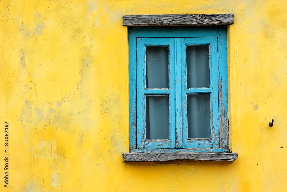Colorful window on yellow wall with blue wooden shutters. Abstract background Colorful window on yellow wall with blue wooden shutters. Abstract background