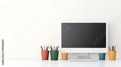 Modern Workspace Setup Featuring a Desktop Computer Surrounded by Colorful Pots of Writing Utensils on a Clean Surface in an Office Environment