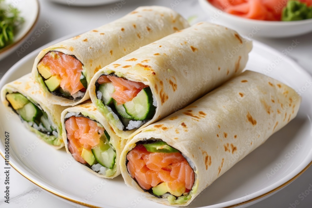 creative presentation of sushi burritos with colorful fillings like salmon avocado and cucumber arranged on clean white creative presentation of sushi burritos with colorful fillings like salmon avocado and cucumber arranged on clean white