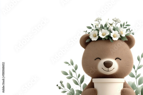 Cute bear and flower, A whimsical image of a bear balancing a flower pot, designed for text placement, in high fidelity with a resolution of 4.2x. photo