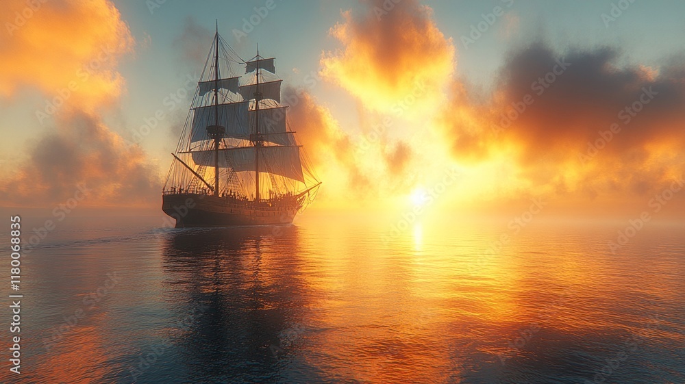 Fototapeta premium Old Ship Sailing on Golden Ocean at Sunset