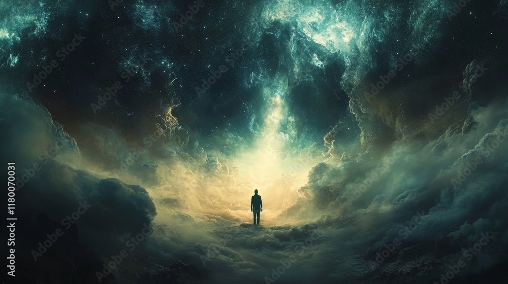 A mesmerizing scene of a person walking toward a vibrant galaxy surrounded by mystical clouds and twinkling stars. Ideal for fantasy, exploration, and cosmic-themed projects A mesmerizing scene of a person walking toward a vibrant galaxy surrounded by mystical clouds and twinkling stars. Ideal for fantasy, exploration, and cosmic-themed projects