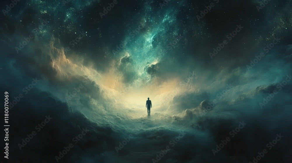 A mesmerizing scene of a person walking toward a vibrant galaxy surrounded by mystical clouds and twinkling stars. Ideal for fantasy, exploration, and cosmic-themed projects A mesmerizing scene of a person walking toward a vibrant galaxy surrounded by mystical clouds and twinkling stars. Ideal for fantasy, exploration, and cosmic-themed projects