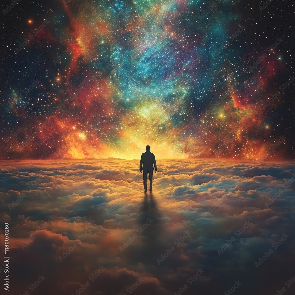 A mesmerizing scene of a person walking toward a vibrant galaxy surrounded by mystical clouds and twinkling stars. Ideal for fantasy, exploration, and cosmic-themed projects A mesmerizing scene of a person walking toward a vibrant galaxy surrounded by mystical clouds and twinkling stars. Ideal for fantasy, exploration, and cosmic-themed projects