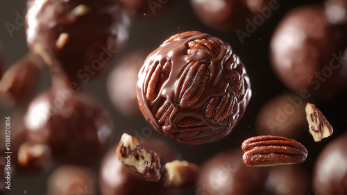 A collection of pecan balls with chocolate pecan nuts with crispy chocolate, floating in the air, uhd image, free-associative, back button focus, functionality emphasis, portraits with soft lighting photo