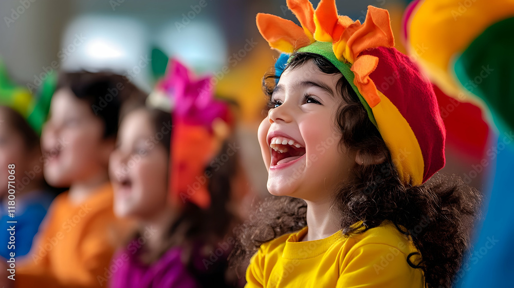 Kids joyfully flaunt their colorful hats and laughter, celebrating together happily Kids joyfully flaunt their colorful hats and laughter, celebrating together happily