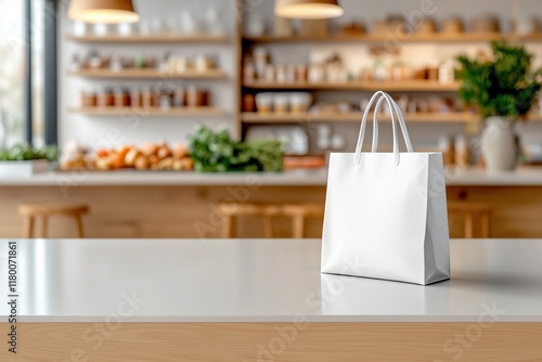 White shopping bag on modern kitchen counter with blurred background photo