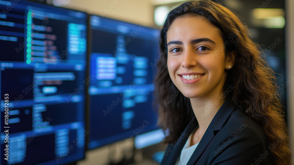 A security expert in front of multiple computer screens in a network operations centre near a server room. Cybersecurity, Cyber awareness training. Generative AI. A security expert in front of multiple computer screens in a network operations centre near a server room. Cybersecurity, Cyber awareness training. Generative AI.