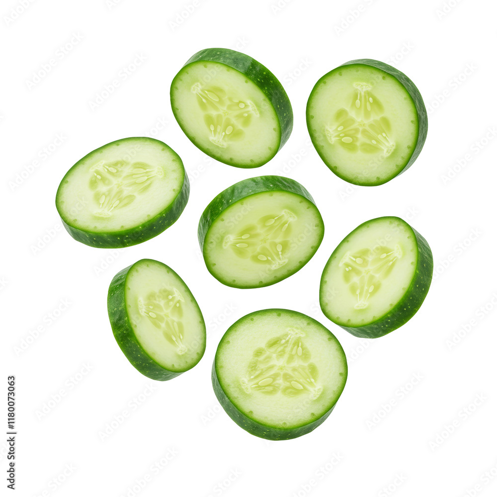 Fresh cucumber slices floating isolated on a transparent background PNG, showcasing its green skin and crisp texture.
Fresh cucumber slices floating isolated on a transparent background PNG, showcasing its green skin and crisp texture.