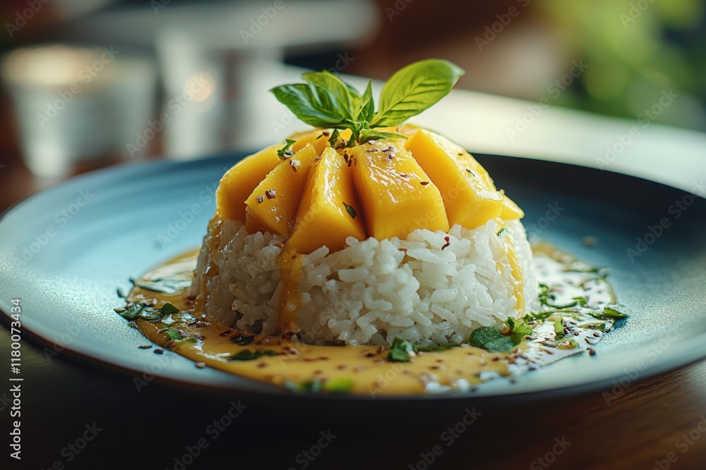 Delightful Thai mango sticky rice topped with creamy coconut and fresh mango slices Delightful Thai mango sticky rice topped with creamy coconut and fresh mango slices