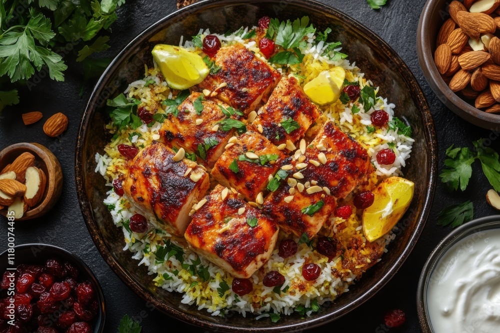 Richly layered Iranian tahchin with tender chicken and aromatic garnishes on a vibrant plate Richly layered Iranian tahchin with tender chicken and aromatic garnishes on a vibrant plate