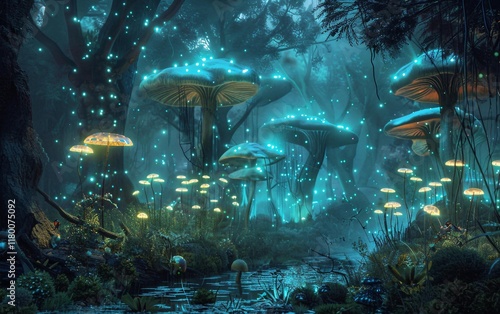 Glowing mushrooms illuminating a dark enchanted forest filled with magic photo