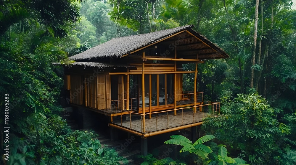 Wooden Cabin Nestled in Lush Tropical Rainforest Landscape Wooden Cabin Nestled in Lush Tropical Rainforest Landscape