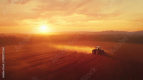 A tractor sprays an agricultural field with fertilizer on a sunset evening. Drone view. Illustration by Generative AI.
