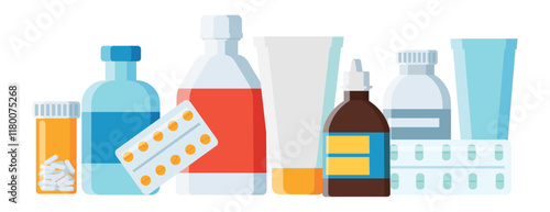Pharmacy, medicine and healthcare different types of medicaments, drugs, pills and bottles. Flat vector illustration isolated. Healthcare items.