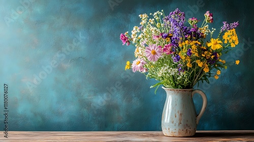 Wallpaper Mural Vibrant Bouquet of Colorful Field Flowers Arranged in Antique Ceramic Vase on Rustic Wooden Table Torontodigital.ca