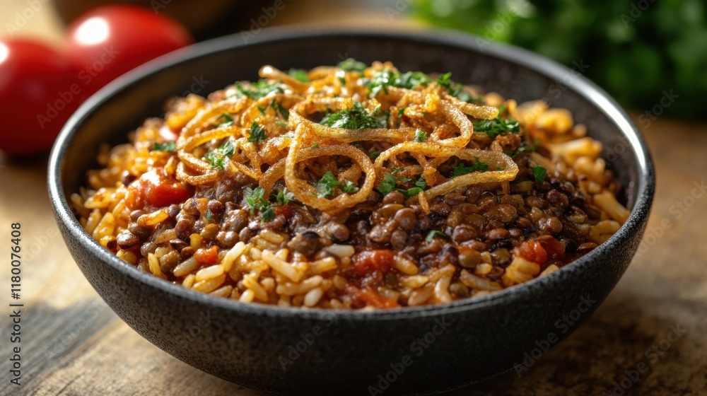 Delicious serving of Egyptian koshari with lentils, rice, pasta, and fried onions Delicious serving of Egyptian koshari with lentils, rice, pasta, and fried onions
