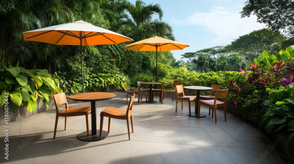 Relaxing Outdoor Cafe Scene with Orange Umbrellas and Wooden Furniture Surrounded by Lush Greenery and Tropical Foliage in a Bright Sunny Atmosphere Relaxing Outdoor Cafe Scene with Orange Umbrellas and Wooden Furniture Surrounded by Lush Greenery and Tropical Foliage in a Bright Sunny Atmosphere