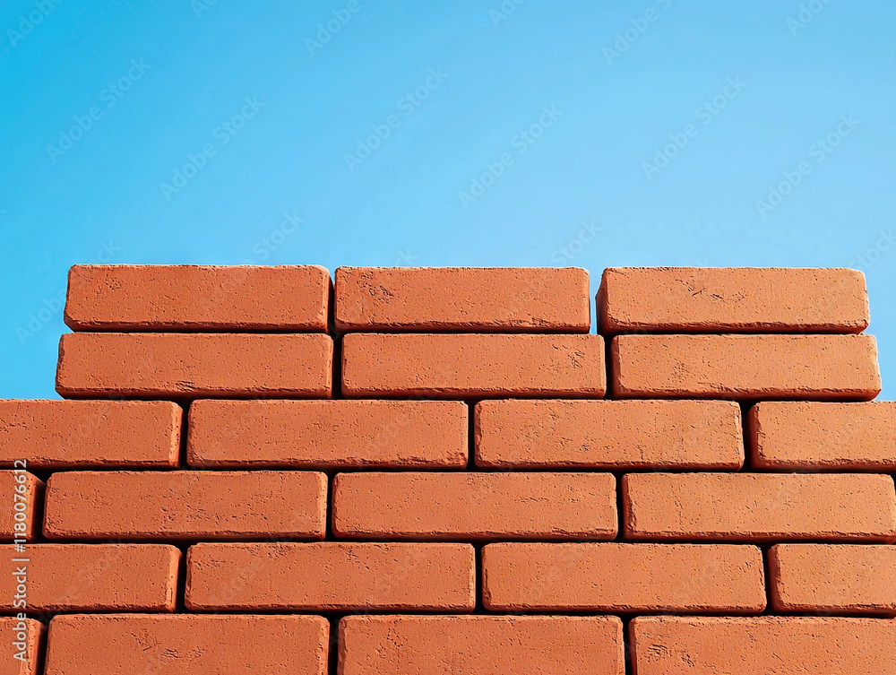 Fototapeta premium Stacked red bricks forming solid wall against clear blue sky during daylight