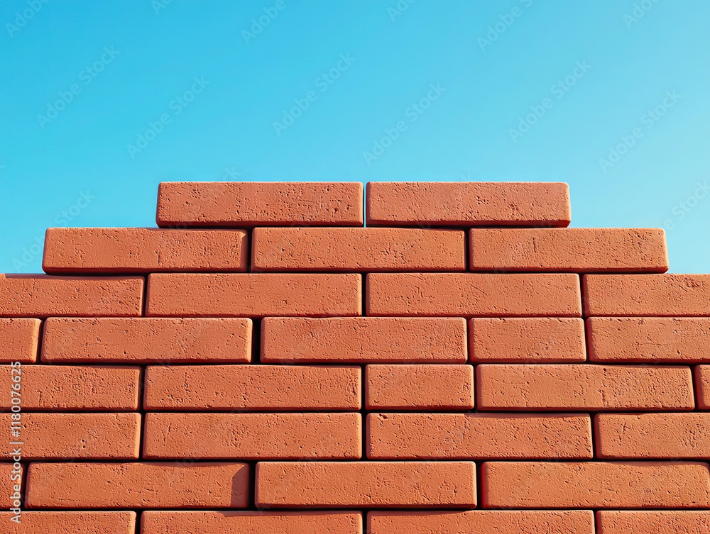 Obraz premium Stacked red bricks forming solid wall against clear blue sky during daylight