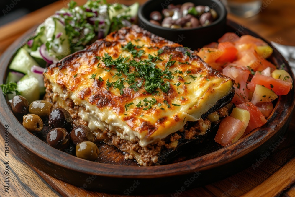 Exquisite Greek moussaka served alongside vibrant salad and olives in a rustic setting Exquisite Greek moussaka served alongside vibrant salad and olives in a rustic setting