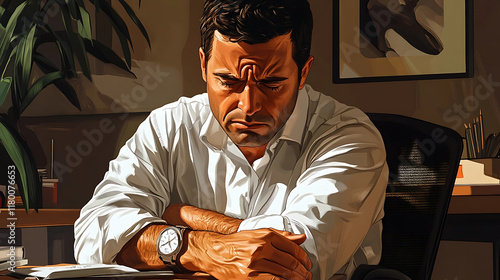 Pensive man experiencing rheumatoid arthritis joint pain in modern office environment
