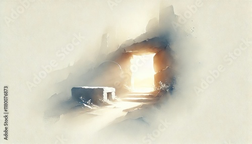 Easter Morning: The sealed tomb at dawn, light softly breaking through darkness. Digital watercolor painting.