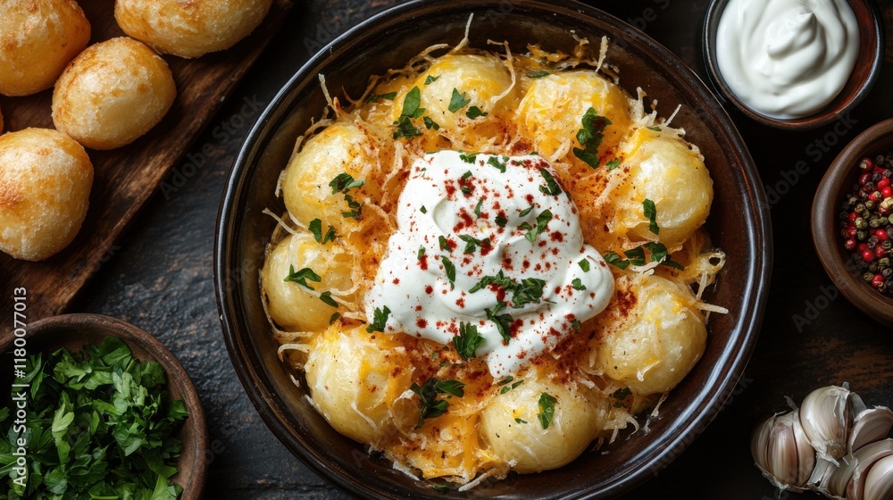 Delicious Hungarian langos adorned with garlic, cheese, and sour cream for a savory feast Delicious Hungarian langos adorned with garlic, cheese, and sour cream for a savory feast