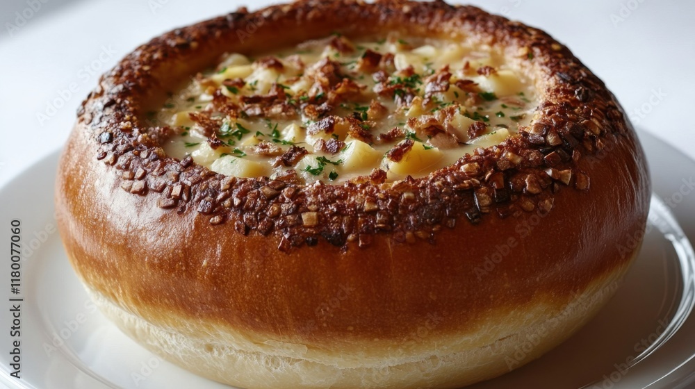 Delightful clam chowder served in a crusty bread bowl, perfect comfort food for chilly days Delightful clam chowder served in a crusty bread bowl, perfect comfort food for chilly days