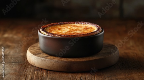 Indulgent crme brulee served in a rustic ramekin on a wooden board photo