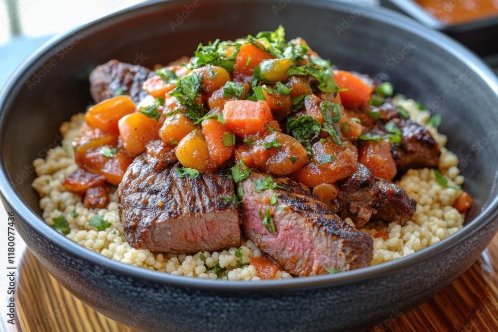 Moroccan couscous bowl showcasing fluffy grains topped with succulent lamb and roasted vegetables Moroccan couscous bowl showcasing fluffy grains topped with succulent lamb and roasted vegetables
