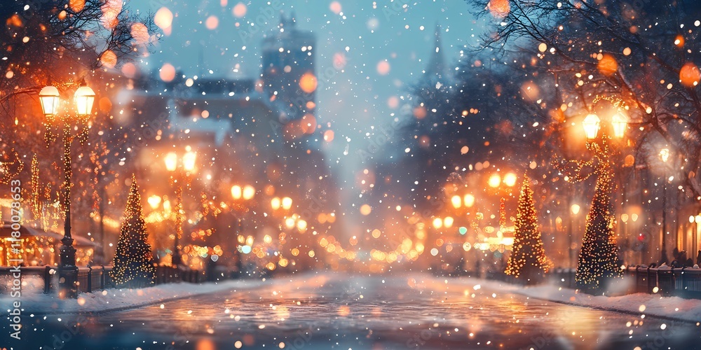 Obraz premium Abstract blurred bokeh lights illuminating snow-covered urban streets, creating a peaceful and magical winter scene, style book illustration