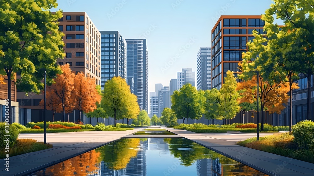 Vibrant Urban Landscape with Towering Skyscrapers Reflecting in Tranquil Waterway Vibrant Urban Landscape with Towering Skyscrapers Reflecting in Tranquil Waterway