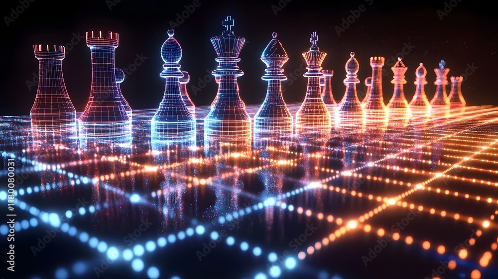 Futuristic Glowing Chessboard with Holographic Game Pieces Floating in Infinite Grid Futuristic Glowing Chessboard with Holographic Game Pieces Floating in Infinite Grid