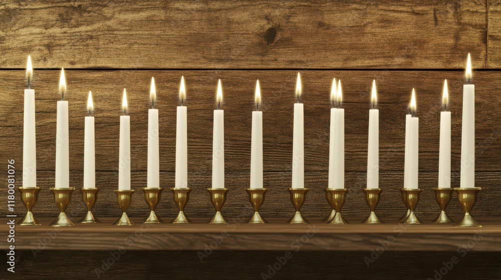 Fototapeta premium Hanukkah Candles on Wooden Background - A Warm and Spiritual Celebration
