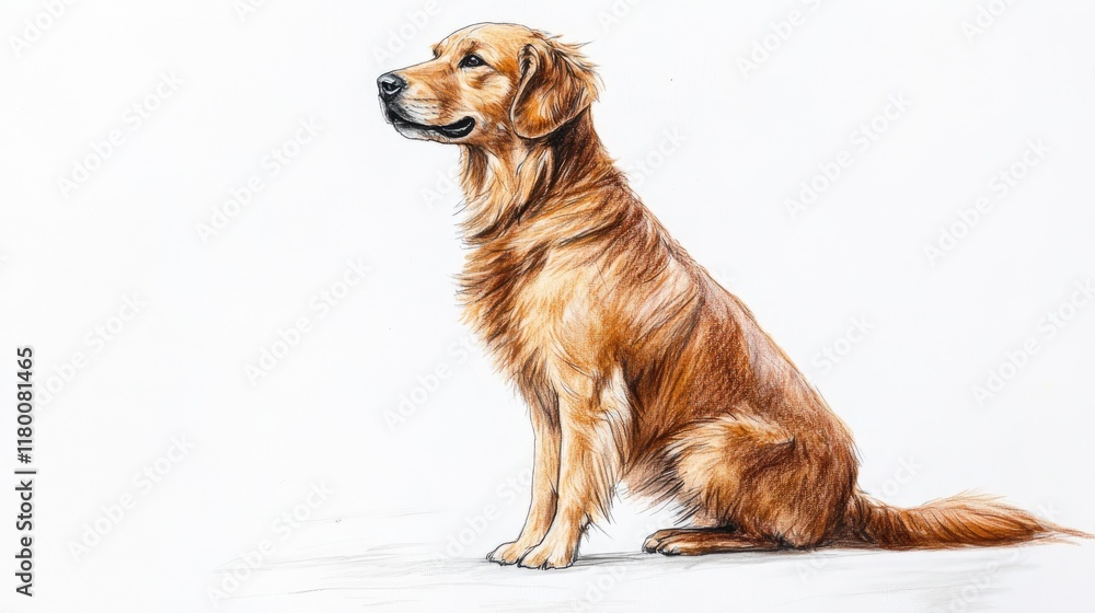 Obraz premium A Golden Retriever sitting gracefully on a white background, its fur gleaming and expression cheerful, perfect for highlighting the breed's friendly nature