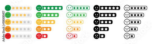 Rating emoji with star set in different styles for customer experience feedback vector. Set of rating emoji with stars isolated. Star rating for a product review. Set of rating emoji vector.