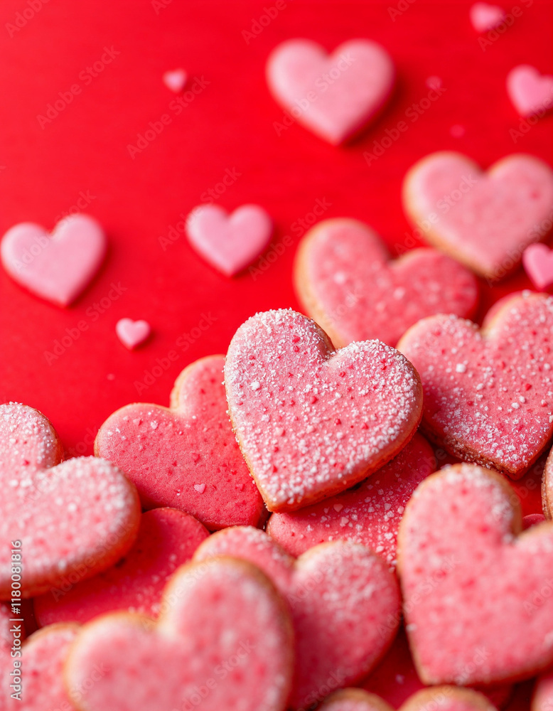 Obraz premium red background with a bunch of heart shaped cookies, red hearts, on a red background, cookies, pink hearts in the background, beautiful high resolution, pink and red colors, close.